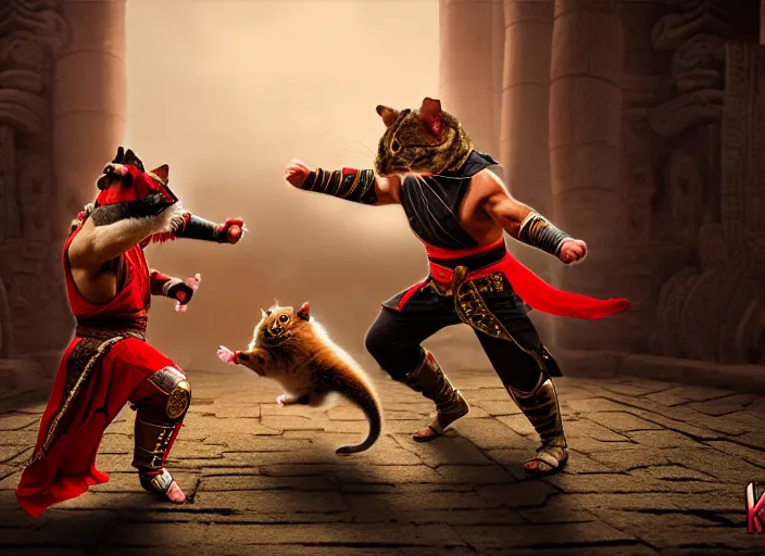 Image similar to hamster dressed as shao khan fights a cat dressed as kung lao in mortal kombat on the background of an ancient temple. fantasy magic style. highly detailed 8 k. intricate. lifelike. soft light. sony a 7 r iv 5 5 mm. cinematic post - processing