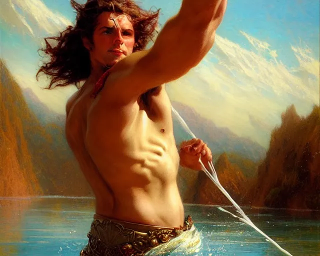 Image similar to muscular magician man, casting water magic, making waves rise from a beautiful lake. highly detailed painting by gaston bussiere, craig mullins, j. c. leyendecker 8 k