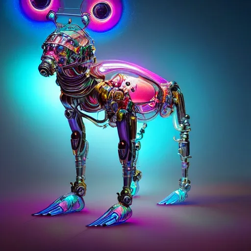 Image similar to iridescent opalescent android cyborg animal in candyland, warm tones, bioluminescent : by michal karcz, daniel merriam, victo ngai and guillermo del toro : ornate, dynamic, particulate, intricate, elegant, highly detailed, centered, artstation, smooth, sharp focus, octane render