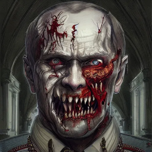 Image similar to zombie Putin in Kremlin, fantasy, intricate, highly detailed, digital painting, artstation, concept art, smooth, sharp focus, illustration, art by artgerm and greg rutkowski and alphonse mucha