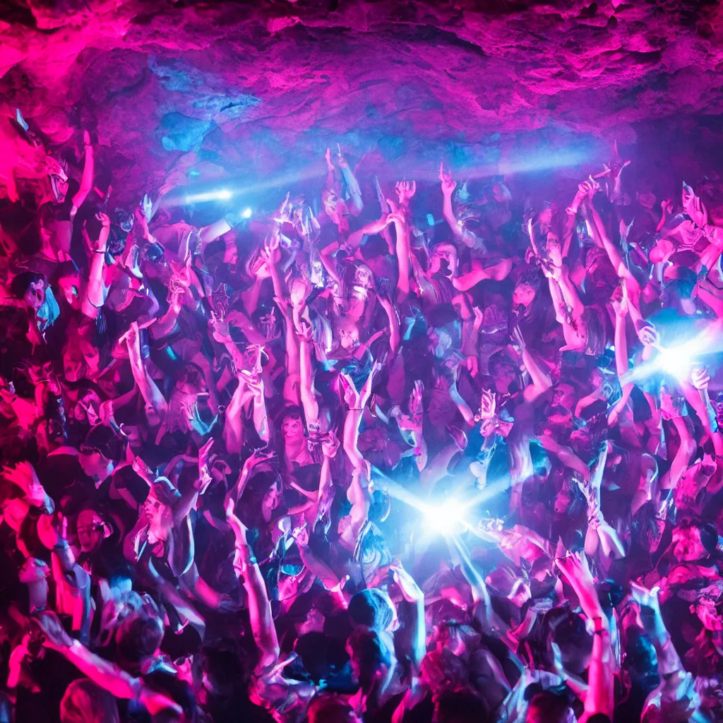 Prompt: cinematic shot of a goth nightclub rave in a cave, brutal weaponry made of pink lasers and blue crystals, 8k photograph