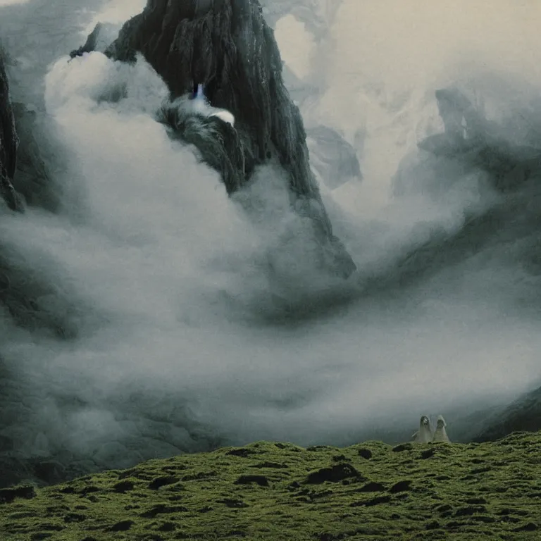 Image similar to dark and moody 1 9 7 0's artistic technicolor spaghetti western film, a large huge group of women in a giant billowing wide long flowing waving shining bright white dresses made of white smoke, standing inside a green mossy irish rocky scenic landscape, volumetric lighting, backlit, moody, atmospheric, fog, extremely windy, soft focus