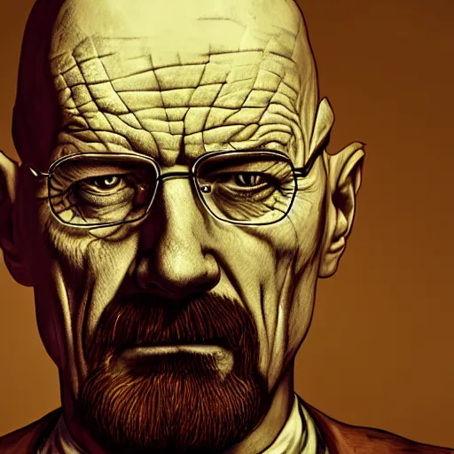 Image similar to Walter White, Zombie, Butcher, portrait, fantasy, medieval, vivid colors, elegant, concept art, sharp focus, beautiful face, digital art, Hyper-realistic, 4K, Unreal Engine, Highly Detailed, HD, Dramatic Lighting by Brom, trending on Artstation