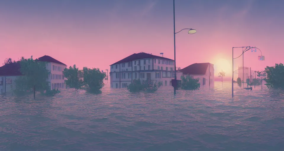 Image similar to a poignant 80s vaporwave outrun 3d Render of a german town being flooded at dusk, soft lighting, matte colors, hazy atmosphere, retro, nostalgic melancholy, grainy, noisy