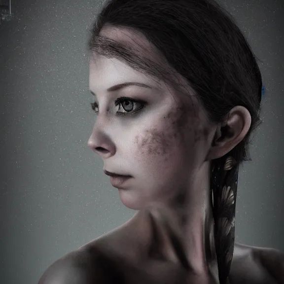 Image similar to a highly detailed 3 d render dark portrait of a woman in the style of chris cunningham and in the style of andrzej dragan, photo manipulation, dramatic lighting