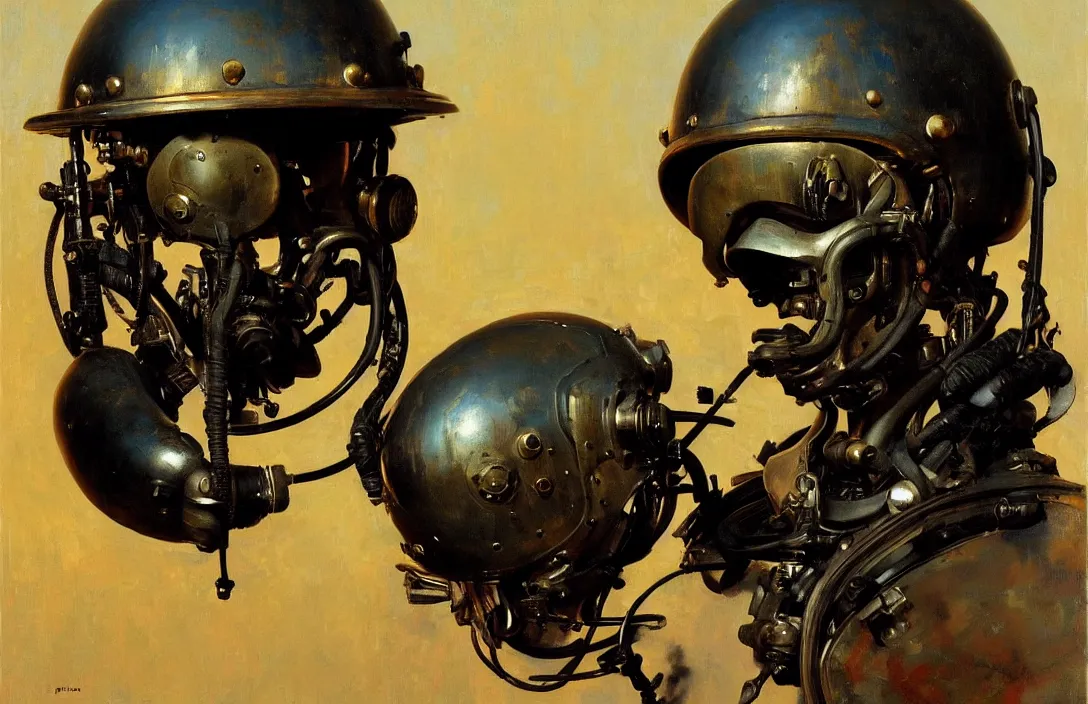 Image similar to portrait of deep sea diver helmet!!!!!!!!!!!!!!!!!!!!!!!!!!!, detailed skull face, detailed painting, epic lighting, by ilya repin, phil hale and kent williams