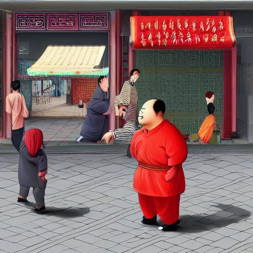 Image similar to A Chinese fat man is quarrelling with a Chinese local ruffian. The background is a watermelon stall on the street.,digital art,trending on artstation.