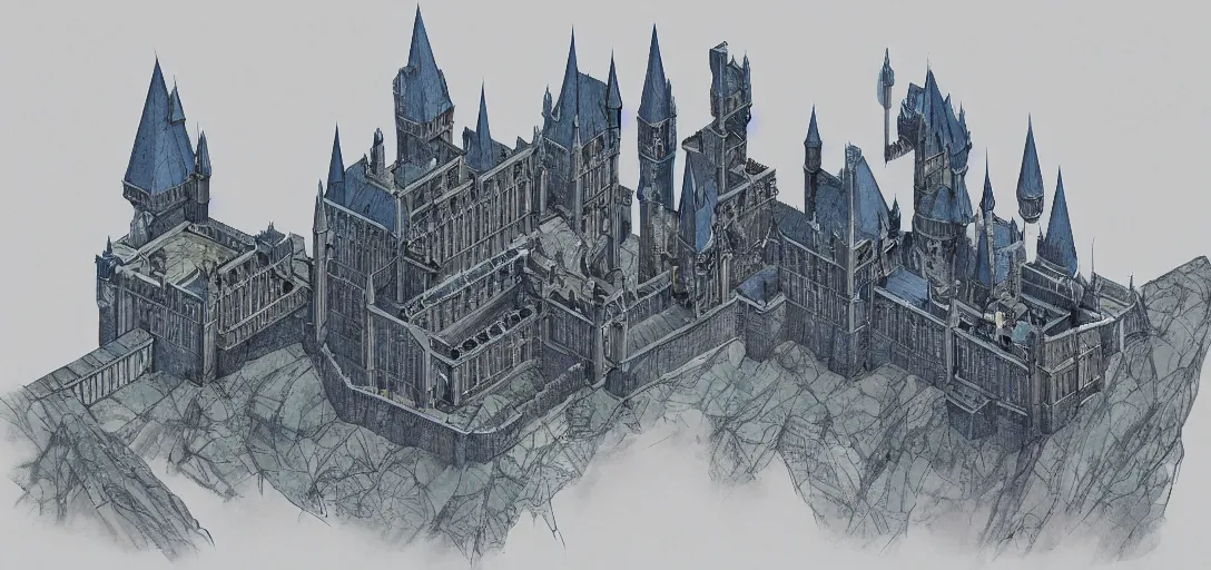 Prompt: blueprints for hogwarts castle, concept art, blueprint,
