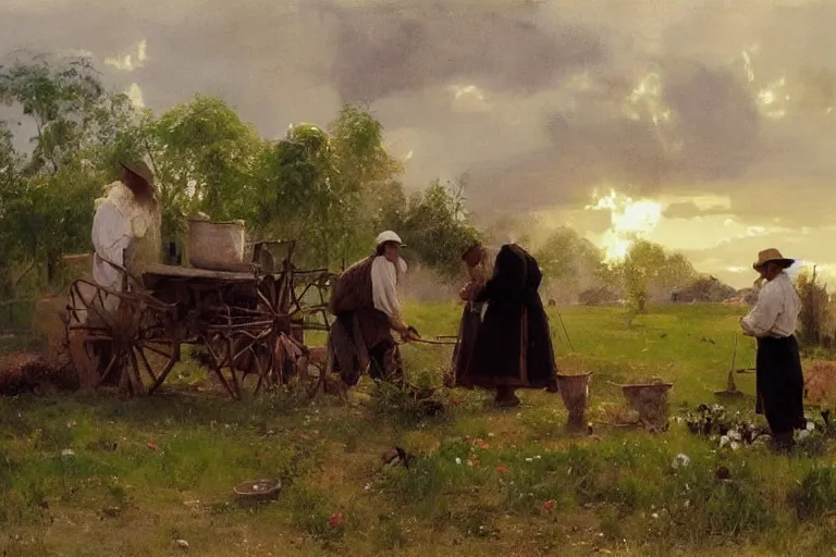 Image similar to simple amish farmers tending to their cottage vegetable gardens, art by anders zorn, wonderful masterpiece by greg rutkowski, beautiful cinematic light, american romanticism thomas lawrence, greg rutkowski