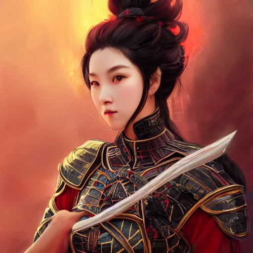Prompt: portrait black hair young knights of Dynasty Warriors girl, metallic red armor, in ruin fire great wall sunset, ssci-fi and fantasy, intricate and very beautiful and elegant, highly detailed, digital painting, soft light, artstation, concept art, smooth and sharp focus, illustration, art by tian zi and WLOP and alphonse mucha