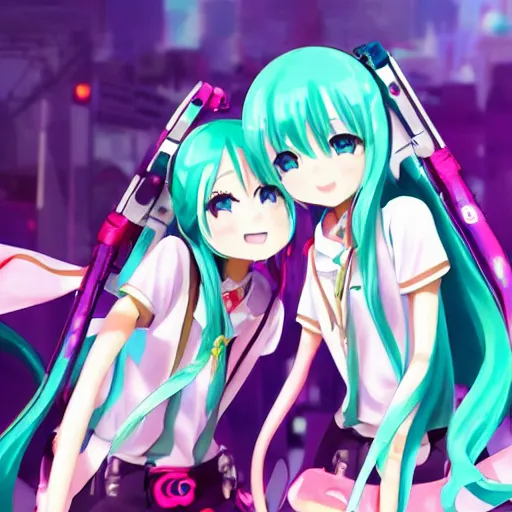 Prompt: hatsune miku and gumi hanging out having fun, best friends, detailed, anime