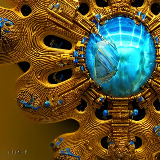 Image similar to A mandelbulb like gilded pendant insect, highly detailed and intricate, hyper realistic, yellow and blue, sci fi, artstation, octane render, 8k