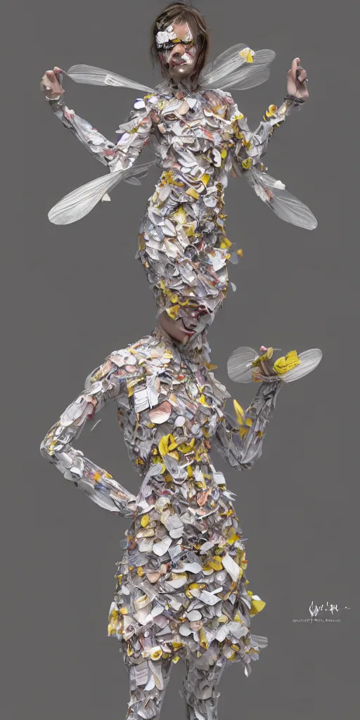 Image similar to an anthromorphic beautiful bee woman wearing striped couture made out of wax and paper and flower petals, at a fashion shoot, trending on Art Station, 3D, octane render,