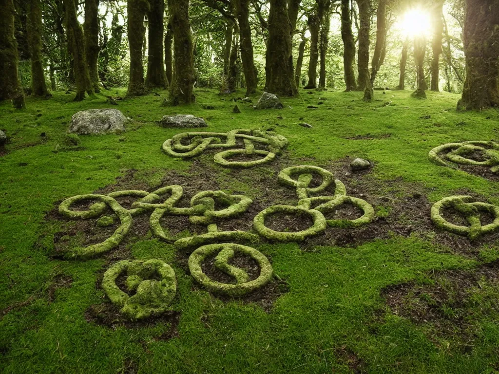 Image similar to Stone circle in an enchanted forest grove, mossy and green, at night with full moon, celtic knot made of wood and bone