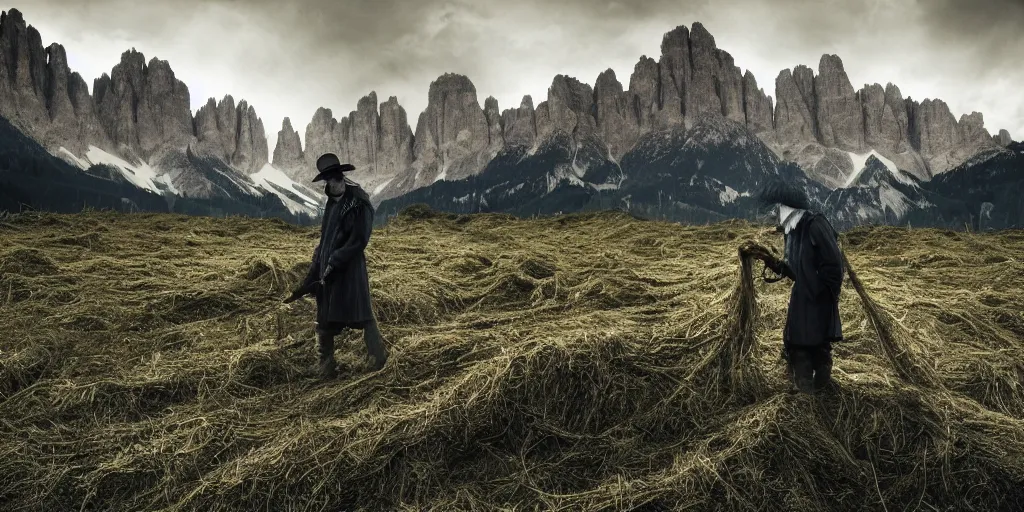 Prompt: alpine farmer transforming into a monster ,roots and hay coat, dolomites in background, dark, eerie, despair, portrait photography, artstation, highly detailed, sharp focus, by cronneberg