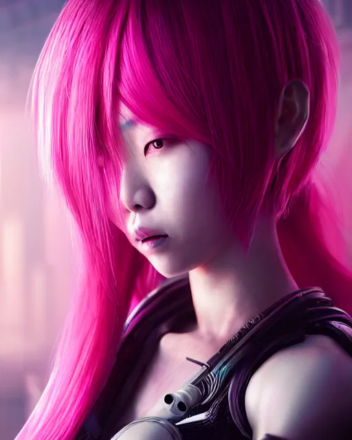 Image similar to portrait of a beautiful asian woman with pink hair as a cyberpunk cyborg half robot, sci - fi, missing panels, intricate abstract upper body intricate artwork, concept art, octane render, deviantart, cinematic, key art, hyperrealism, iridescent accents, portrait photograph, nikon 3 5 mm, photograph by greg rutkowski