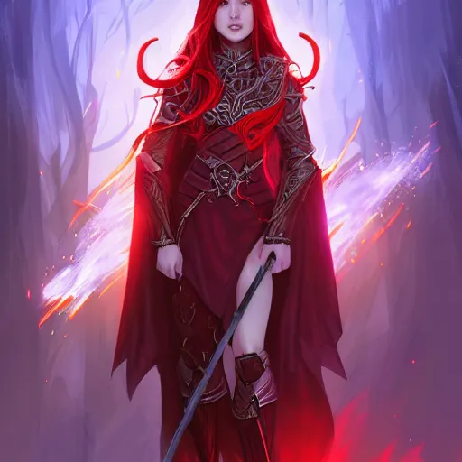 Image similar to a female elven cleric with red long hair, very good beautiful heavy scale armor, wearing a cape, casting a fire spell, dungeon background, magical, bright, colorful, fantastic lighting, amazing details, 4 k uhd, illustration by stephanie brown and mingchen shen and ilya kuvshinov, artstation, pixiv, concept art,