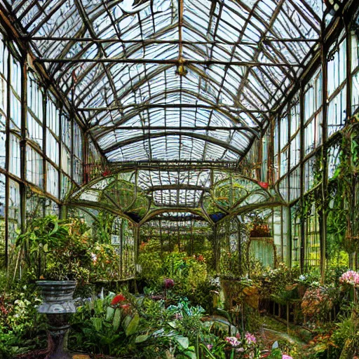 Prompt: a beautiful inside scene hyperreal digital art painting of an extremly ornate edwardian era greenhouse with strange lush plants overgrown