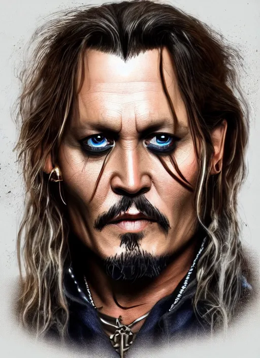 Image similar to johnny depp as thor, naturel, hyper detailed, digital art, trending in artstation, cinematic lighting, studio quality, smooth render, unreal engine 5 rendered, octane rendered, art style by klimt and nixeu and ian sprigger and wlop and krenz cushart