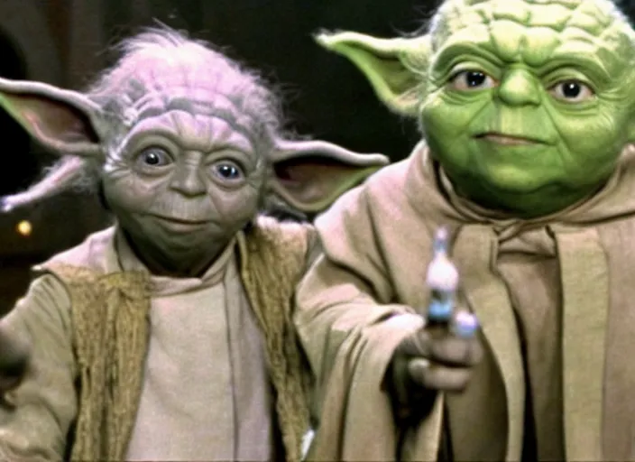 Image similar to a film still of yoda as an oompa loompa inwilly wonka and the chocolate factory 1 9 7 1