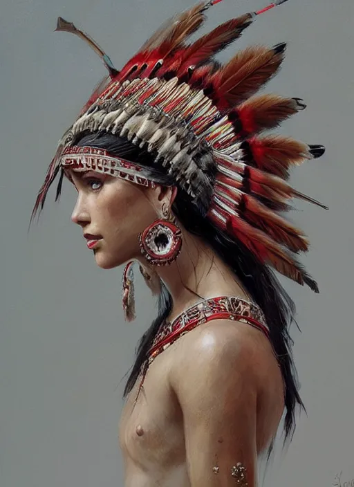 Image similar to gorgeous redskin woman wearing headdress, intricate, elegant, highly detailed, artstation, concept art, smooth, sharp focus, illustration, art by stefan kostic and greg rutkowski