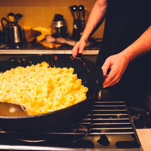 Prompt: top - heavy 2 0 year old with messy black hair and big beard cooks mac and cheese late at night, fish eye lens