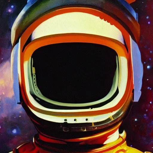 Prompt: a portrait of Dave from 2001 a space odyssey, in his spacesuit, masterpiece, oil painting, frank frazetta