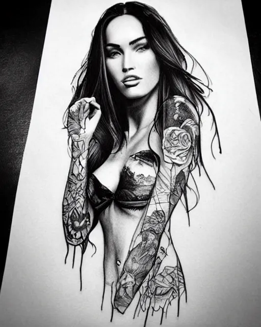 Image similar to creative double exposure effect tattoo design sketch of megan fox with beautiful mountains, realism tattoo, in the style of andrey lukovnikov, amazing detail, sharp