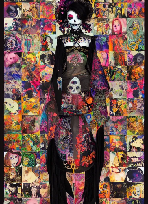 Image similar to cute punk goth fashion hippy fractal Día de los Muertos android girl wearing kimono made of circits posing by Zhang Jingna, psychedelic dada collage by Hannah Höch Käthe Köllwitz Victor Moscoso Rick Griffin Alphonse Mucha Gustav Klimt Ayami Kojima Amano Charlie Bowater, masterpiece