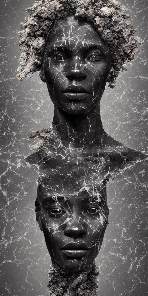 Image similar to realistic digital painting of a stunning intricate cracked black marble falling african american angel with face sculpture, mycelium stands and misty xparticles neutral tone background, trending on artstation, hyperrealism, matte painting, subsurface scattering