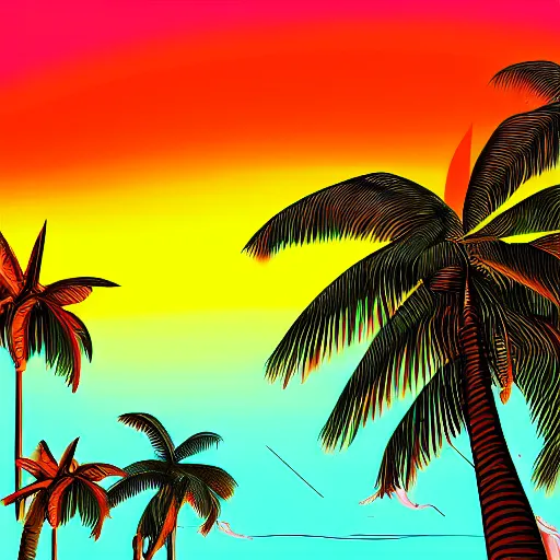 Image similar to Retrofuturistic landscape, retrowave, synthwave, palm tree, colorful, digital painting, album cover