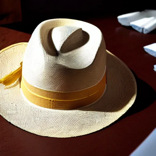 Prompt: a panama hat made of cigarettes, on a desk