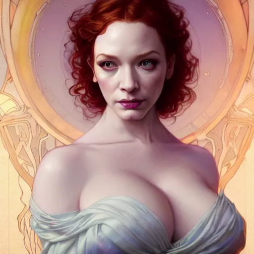 Image similar to christina hendricks wearing a white periwinkle, sci fi, glowing eyes, volumetric lights, gold theme, art nouveau botanicals, intricate, highly detailed, digital painting, artstation, concept art, smooth, sharp focus, cinematic, illustration, beautiful face, art by artgerm and greg rutkowski and alphonse mucha