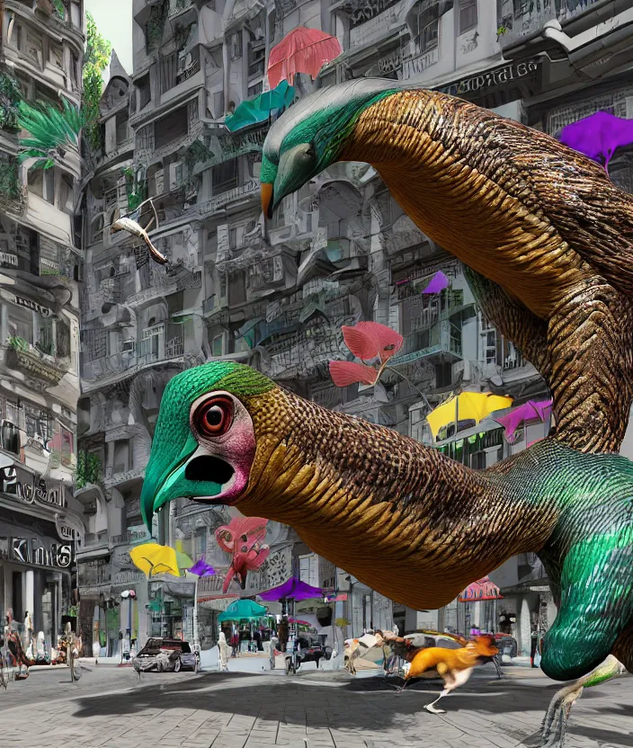 Prompt: a photo of a high poly render of a complex creature in a busy street, muscles normal map creature made of doglike class aves skin veins merged anaconda, bump map strangled by plastic wrap bower bird creature wrinkles pheasant, ivy complex feathers exotic morphing hoopoe, zebra morphing wings king vulture head