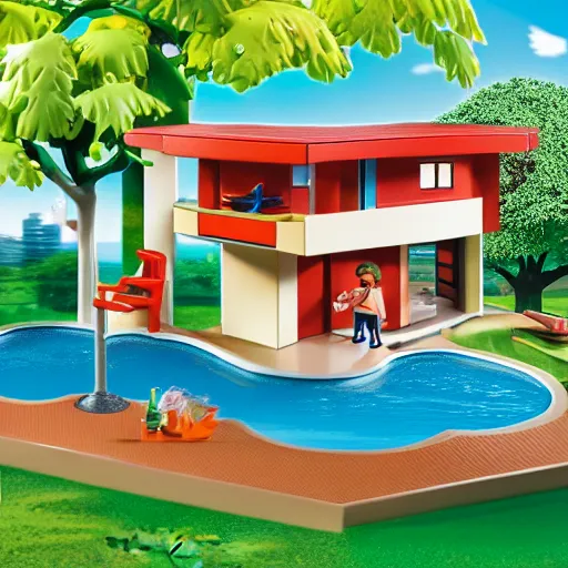 a playmobil set with a mid - century modern house, Stable Diffusion