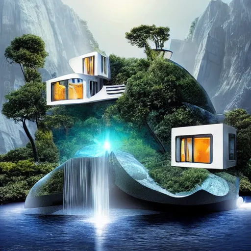 Image similar to a futuristic modern house, on a floating rock island, alien planet covered in water, multiple waterfalls, multiple moons glowing, stars, frank gehry