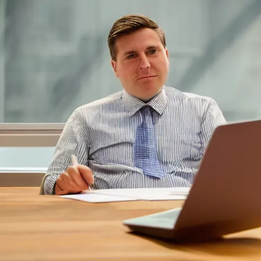 Prompt: Chubby clean-shaven white businessman sitting at a wooden conference table typing on an laptop keyboard, his right shoe is resting on table next to laptop