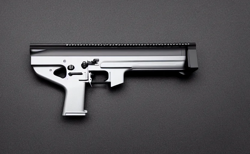 Prompt: minimalist AR pistol inspired by Tesla, studio lighting