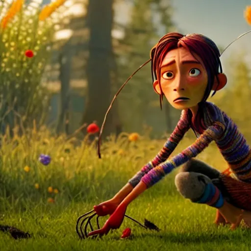 Image similar to a stopmotion animation character, a beautiful and mad canadian woman, on her knees, pulling weeds out frantically, some grey hair, stripey pants, octane render, 8 k, kubo and the two strings,