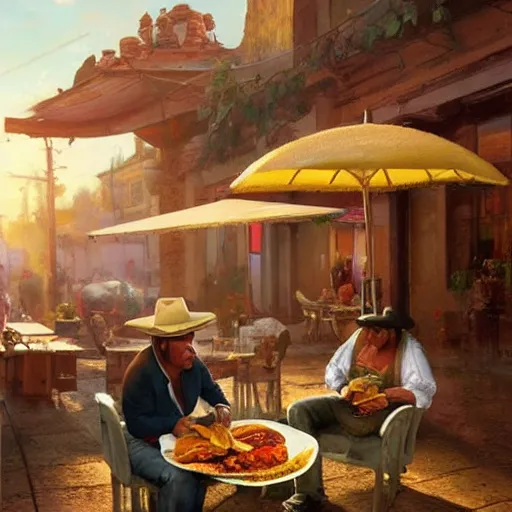 Prompt: epic masterpiece of cinematographic hyperrealism where a mexican with a hat appears eating a taco in the background you can see the seat of san jasinto. realistic shaded lighting poster by craig mallismo, artgerm, jeremy lipkin and michael garmash, unreal engine, radiant light, detailed and intricate environment, digital art, art station trends