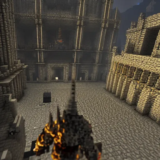 Prompt: gameplay screenshot of the game dark souls in the style of minecraft, a dark souls final boss battle in anor londo in the style of minecraft, unreal engine, raytracing and volumetric lighting, highly detailed