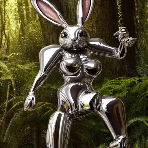 Image similar to chrome bunny made of corvette parts in a lush forest :: moody, ornate, dynamic, particulate, intricate, elegant, highly detailed, centered, artstation, smooth, sharp focus, octane render