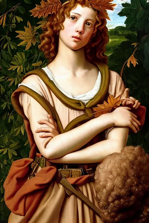 Image similar to renaissance painting of young girl soldier in the garden, closeup, curly long hair, face closeup, emotions closeup, dressed in roman armour, the beautiful garden with maple leaves everywhere, ultra detailed, art by guido reni style, vincenzo catena style