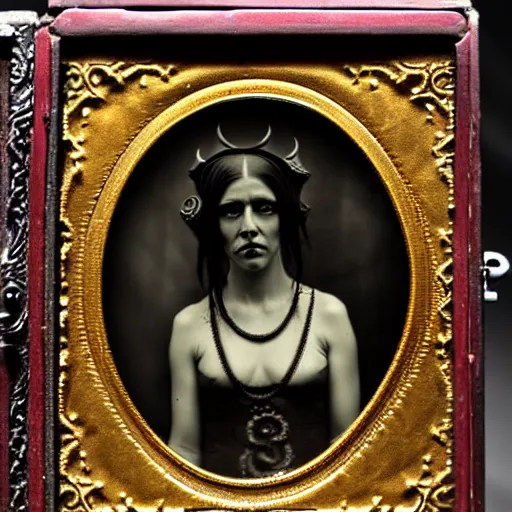 Image similar to tintype ambrotype daguerreotype of a cthulhu priestess adorned in occult jewelery with tentacle hair. emerging walking out of a baroque frame. striking face.