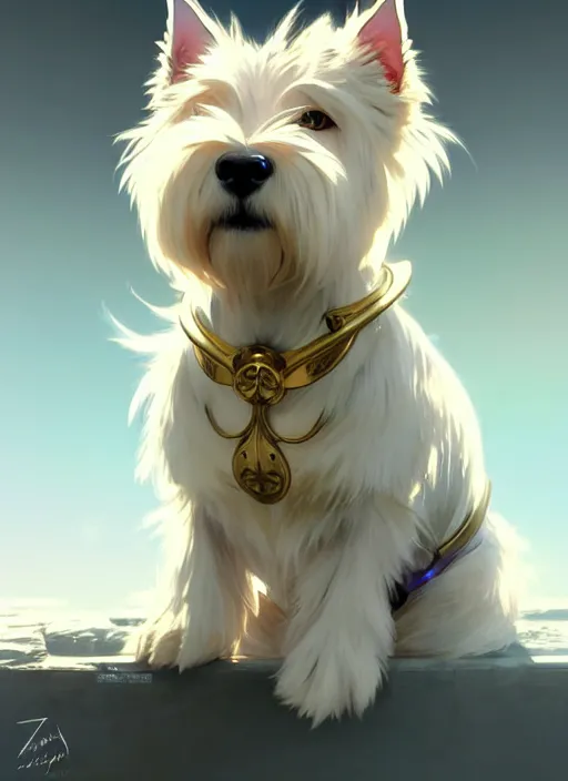 Prompt: a west highland white terrier sitting politely, anime art style, wearing futuristic, golden armor, portrait, high detail, sharp focus, digital painting, artstation, concept art, art by hayao miyazaki and artgerm and greg rutkowski and alphonse mucha.