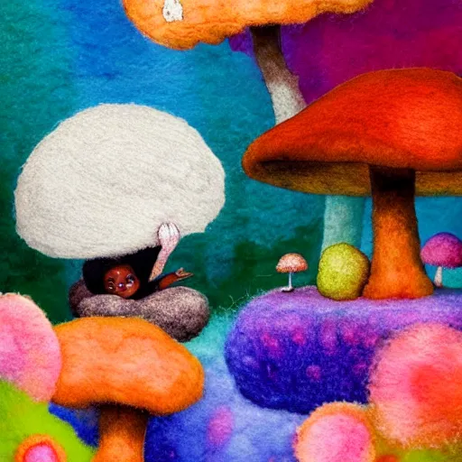 Image similar to a black girl with a colorful afro and big beautiful eyes meditating in a mushroom garden, bokeh, bright colours, watercolor, volumetric wool felting, macro photography, children illustration, by goro fujita