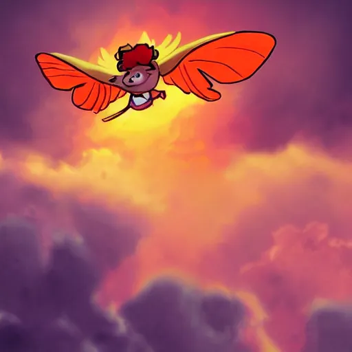 Image similar to a mouse wearing clockwork wings flying through thick orange clouds, sci-fi illustration