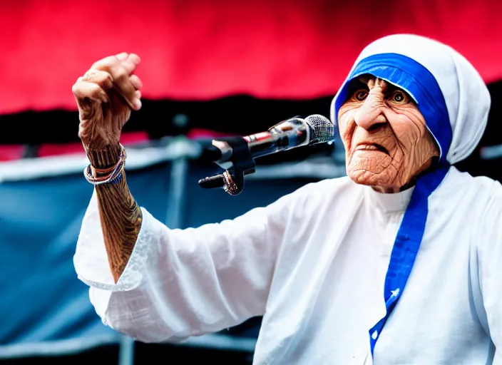 Prompt: photo still of mother teresa on stage at vans warped tour!!!!!!!! at age 4 8 years old 4 8 years of age!!!!!!! throwing roseries to the crowd, 8 k, 8 5 mm f 1. 8, studio lighting, rim light, right side key light