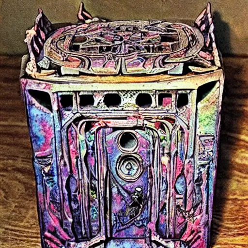 Image similar to haunted ornate ancient sinsister-looking box of ghosts| very detailed and colorful |beautiful eerie surreal psychedelic