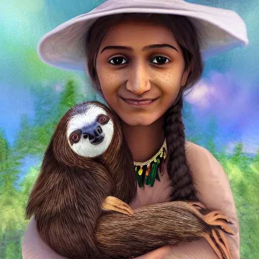 Prompt: a cottagecore beautiful young indian witch holding a cute sloth, highly detailed, masterpiece, digital render